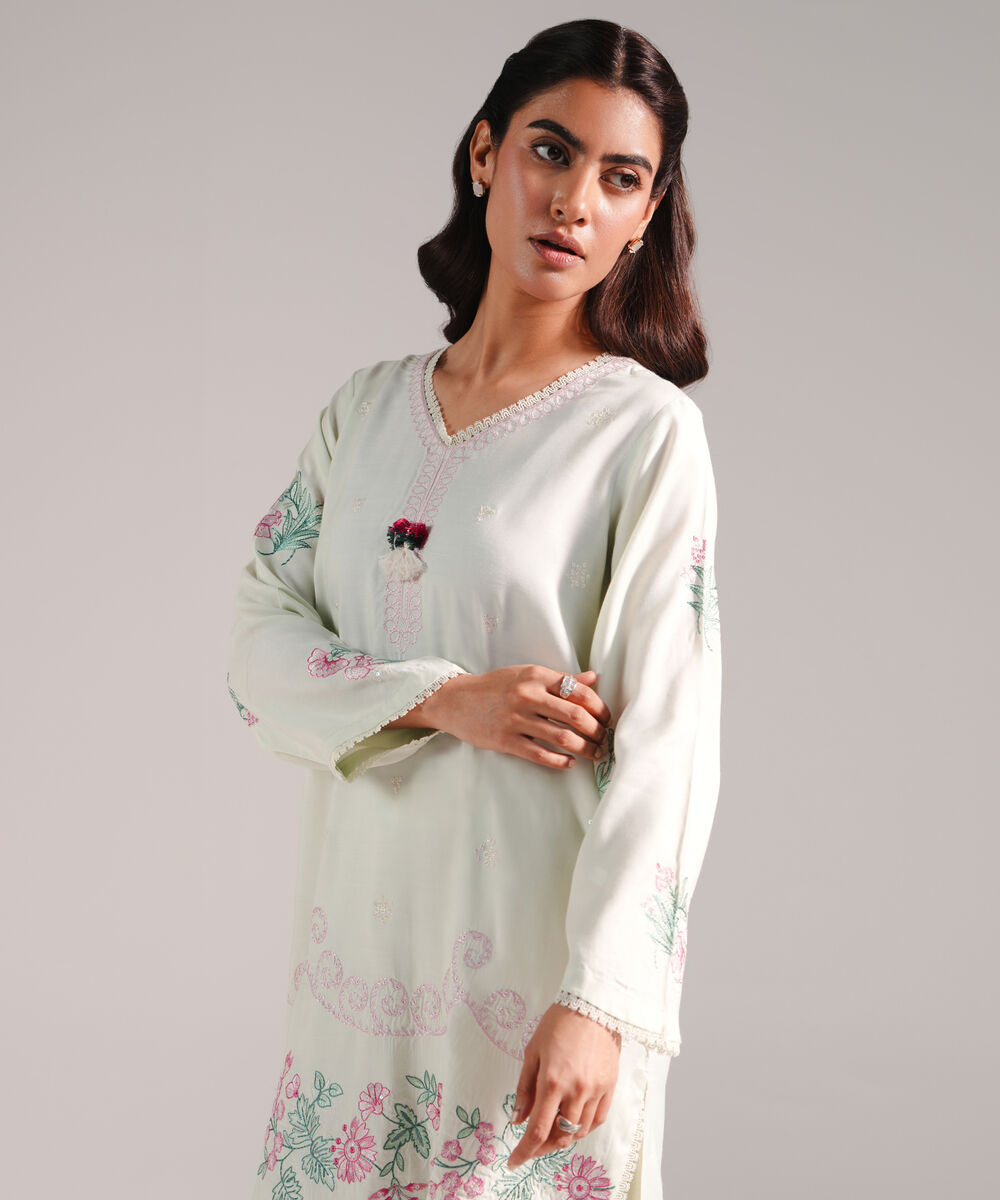 Women's RTW Viscose Raw Silk Embroidered Mint Green 2 Piece Suit