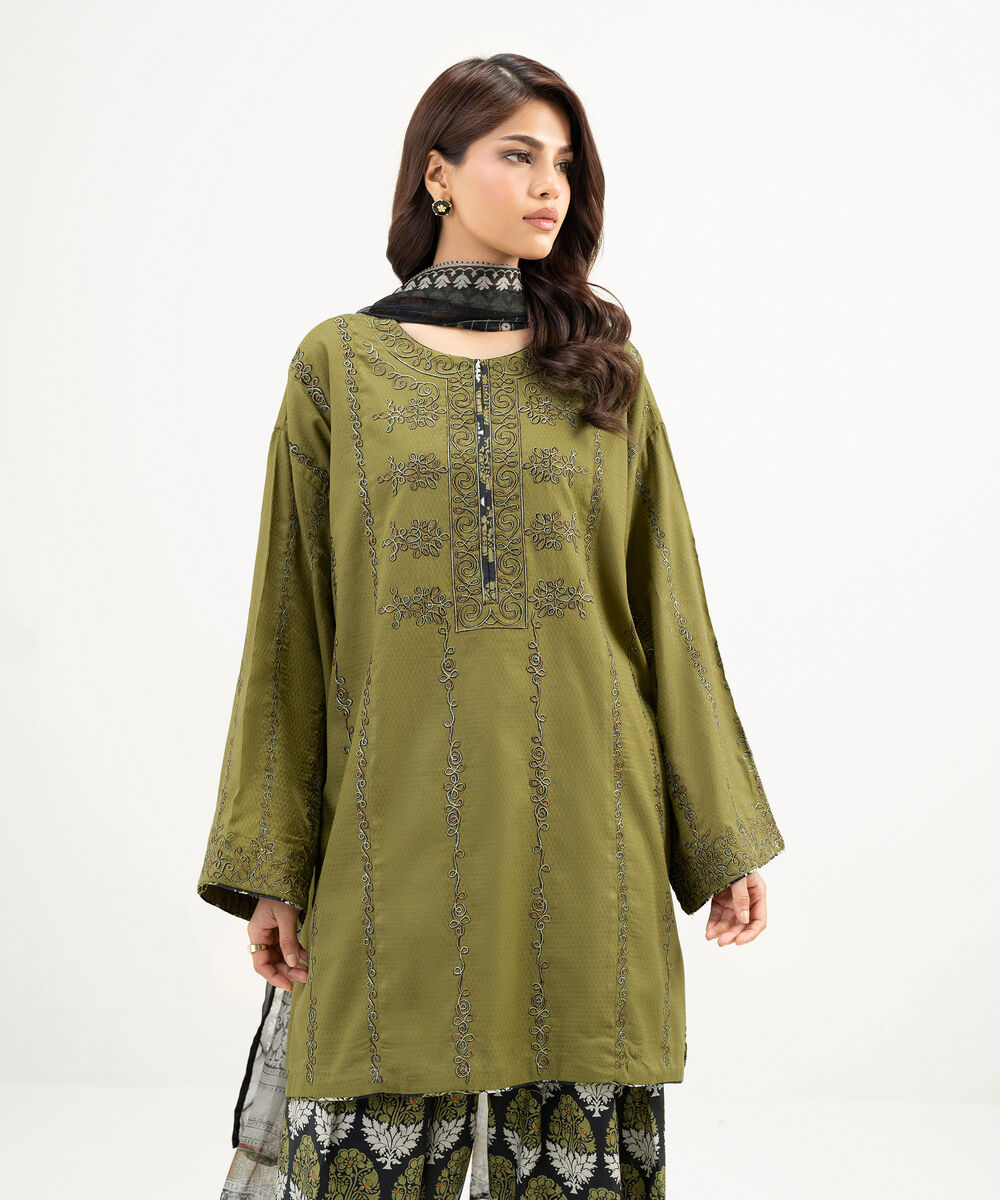 Women's RTW Dobby Embroidered Dark Green 3 Piece Suit