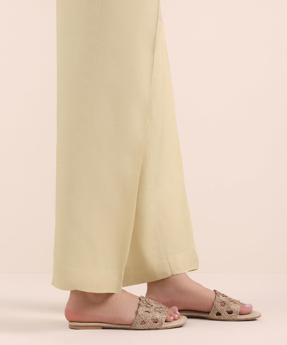 Woman - Beige Raw Silk Straight Pants