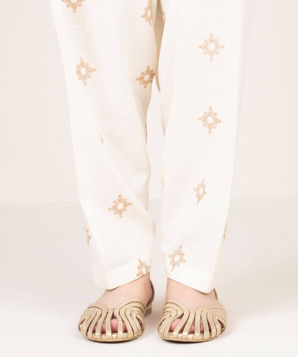 Women's RTW Cotton Viscose Embroidered Off White Shalwar