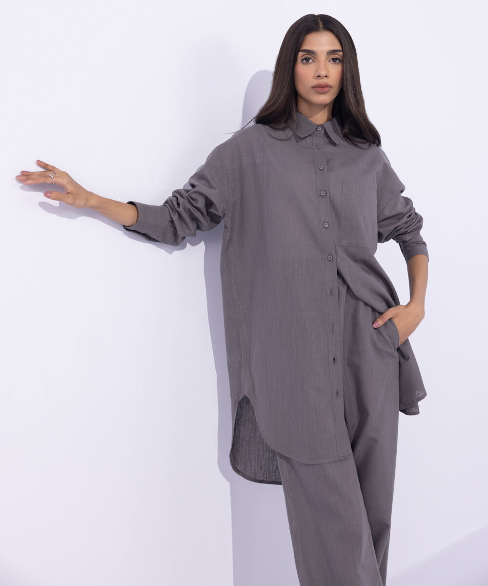 Women's Western Wear Grey Linen Blend Button Through Shirt