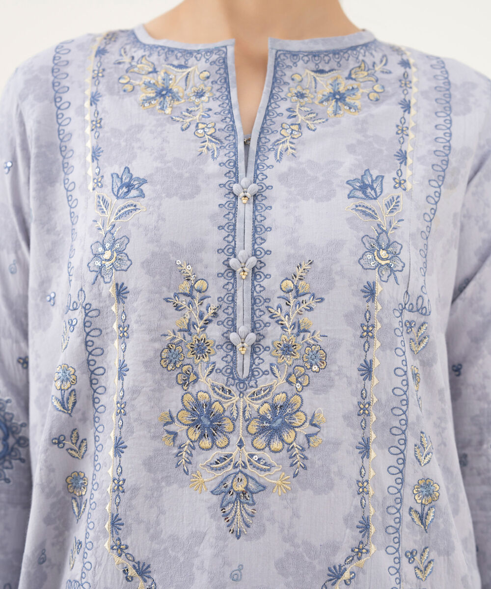 Women's Unstitched Embroidered Cotton Jacquard Grey 3 Piece Suit