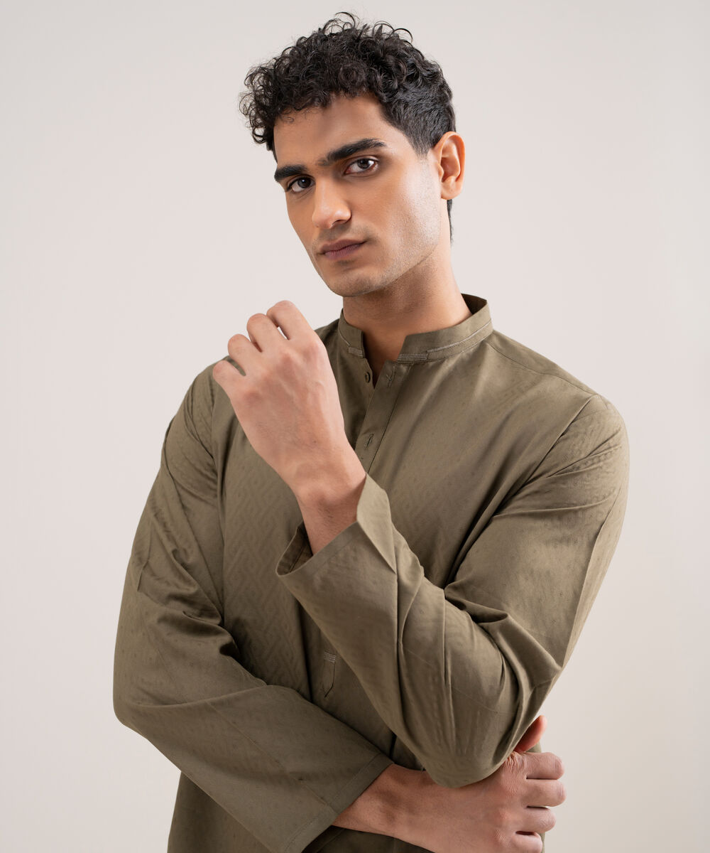 Men's Stitched Cotton Jacquard Olive Kurta