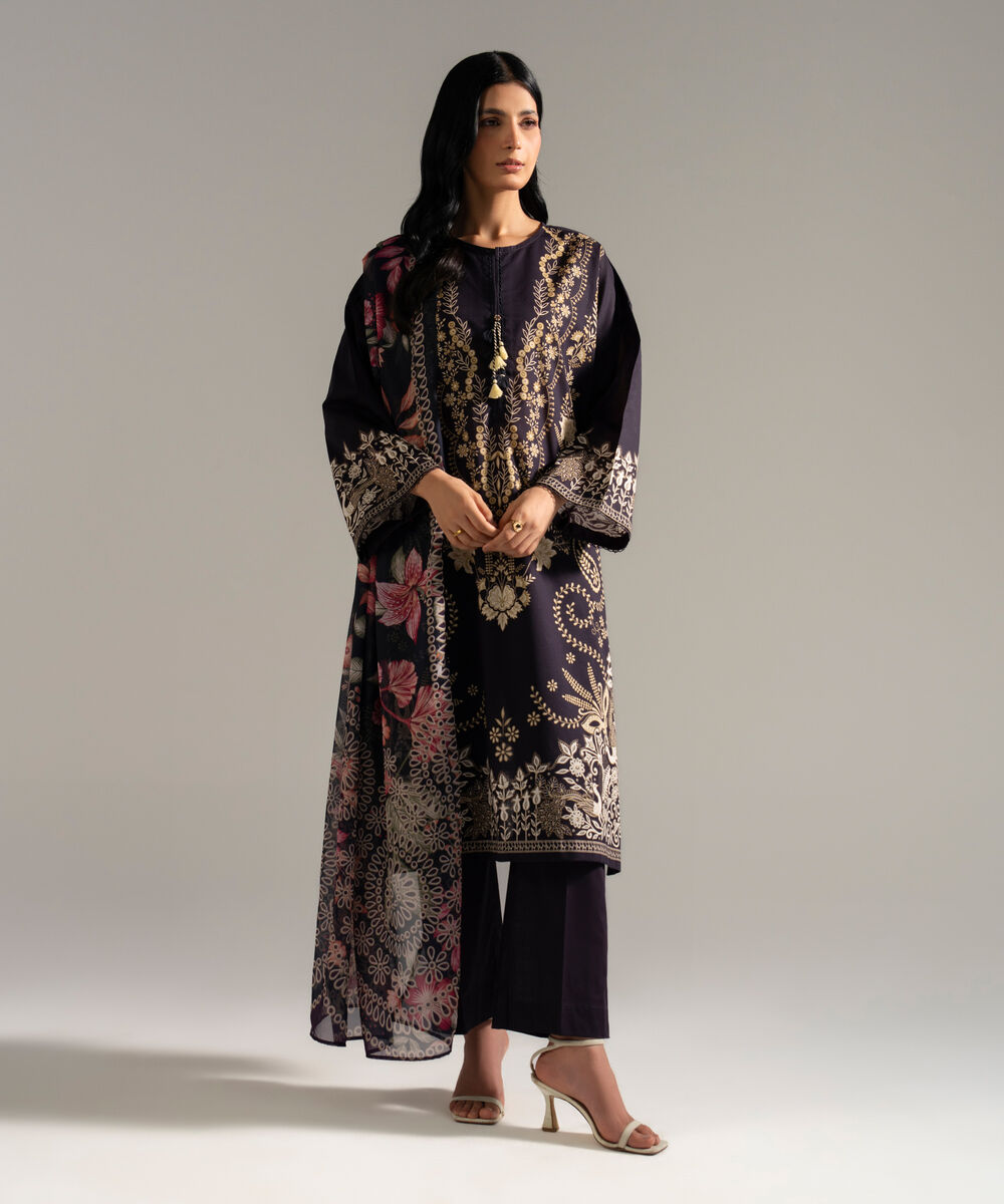 Women's RTW Slub Lawn Printed Black 3 Piece Suit
