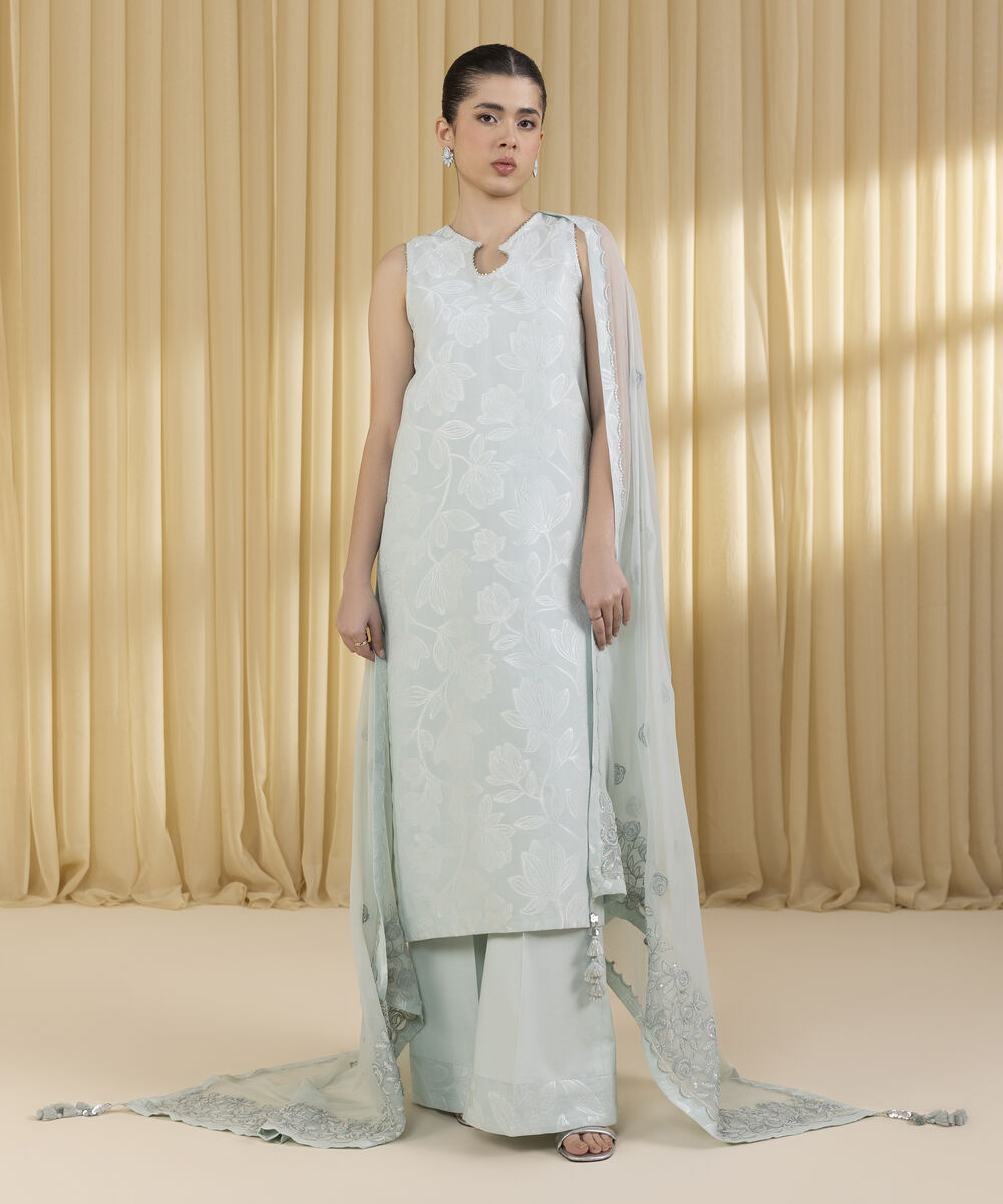 Unstitched Women's Blue Extra Weft Jacquard 3 Piece Suit