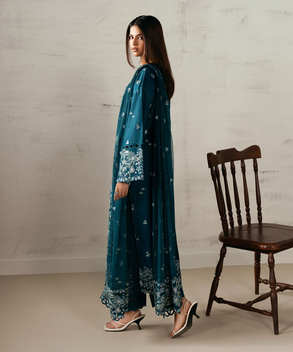 Women's Unstitched Fine Cotton Satin Embroidered Blue 3 Piece Suit