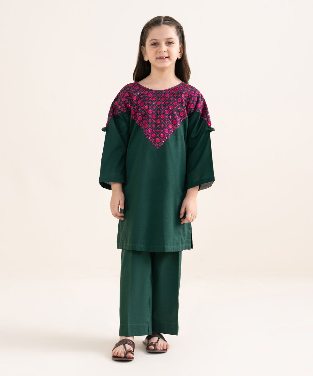 Girls Two Piece Embroidered Textured Lawn Suit