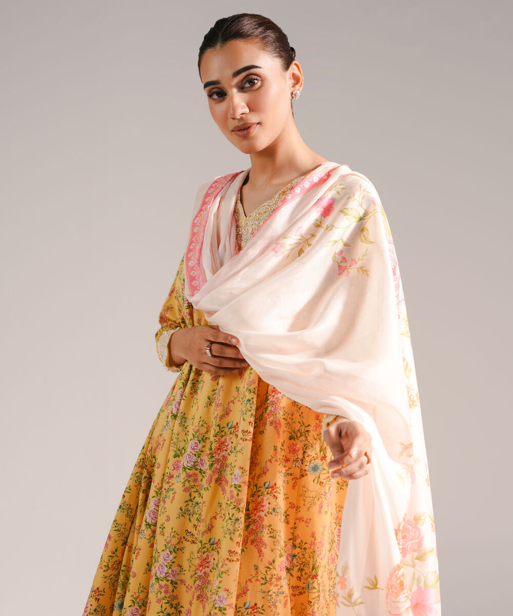 Women's RTW Cotton Satin Embroidered Yellow 3 Piece Suit