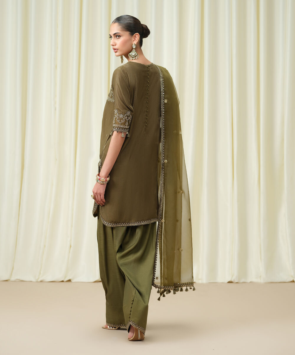 Women's Unstitched Velvet Embroidered Green 3 Piece Suit