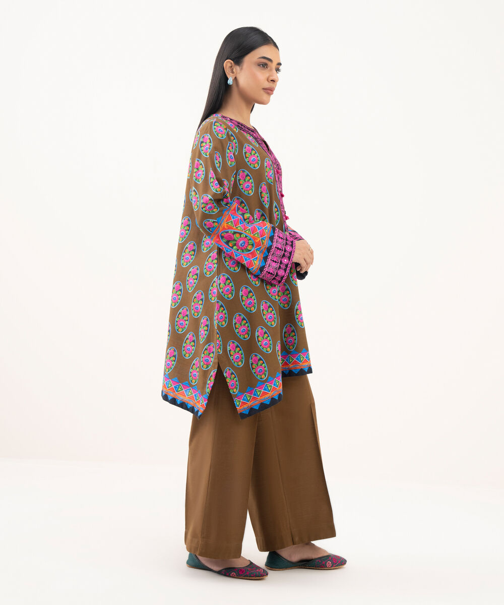 Women's RTW Light Khaddar Embroidered Brown Straight Shirt