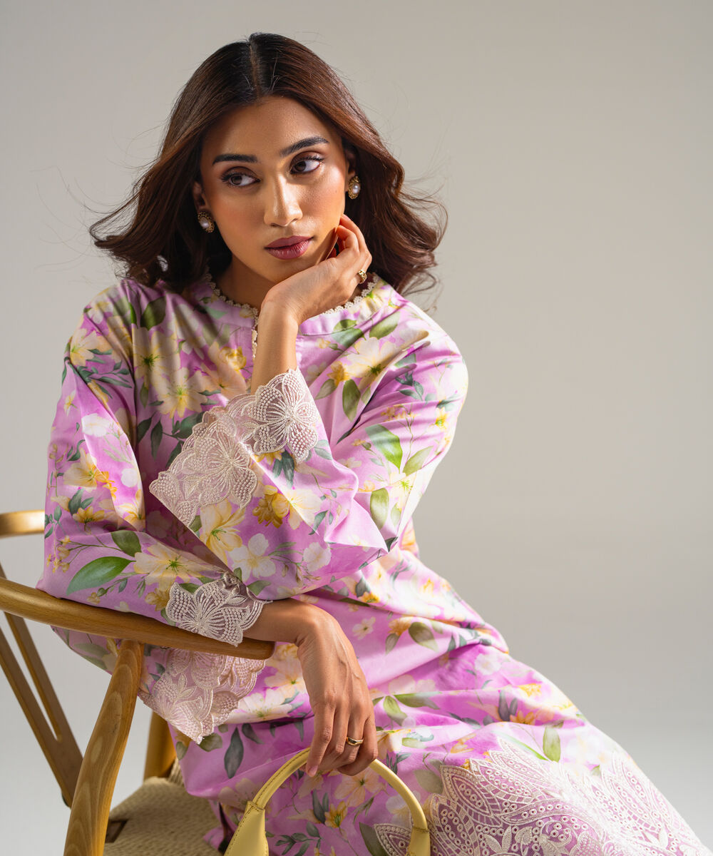 Women's RTW Lawn Embroidered Lavendar Straight Shirt