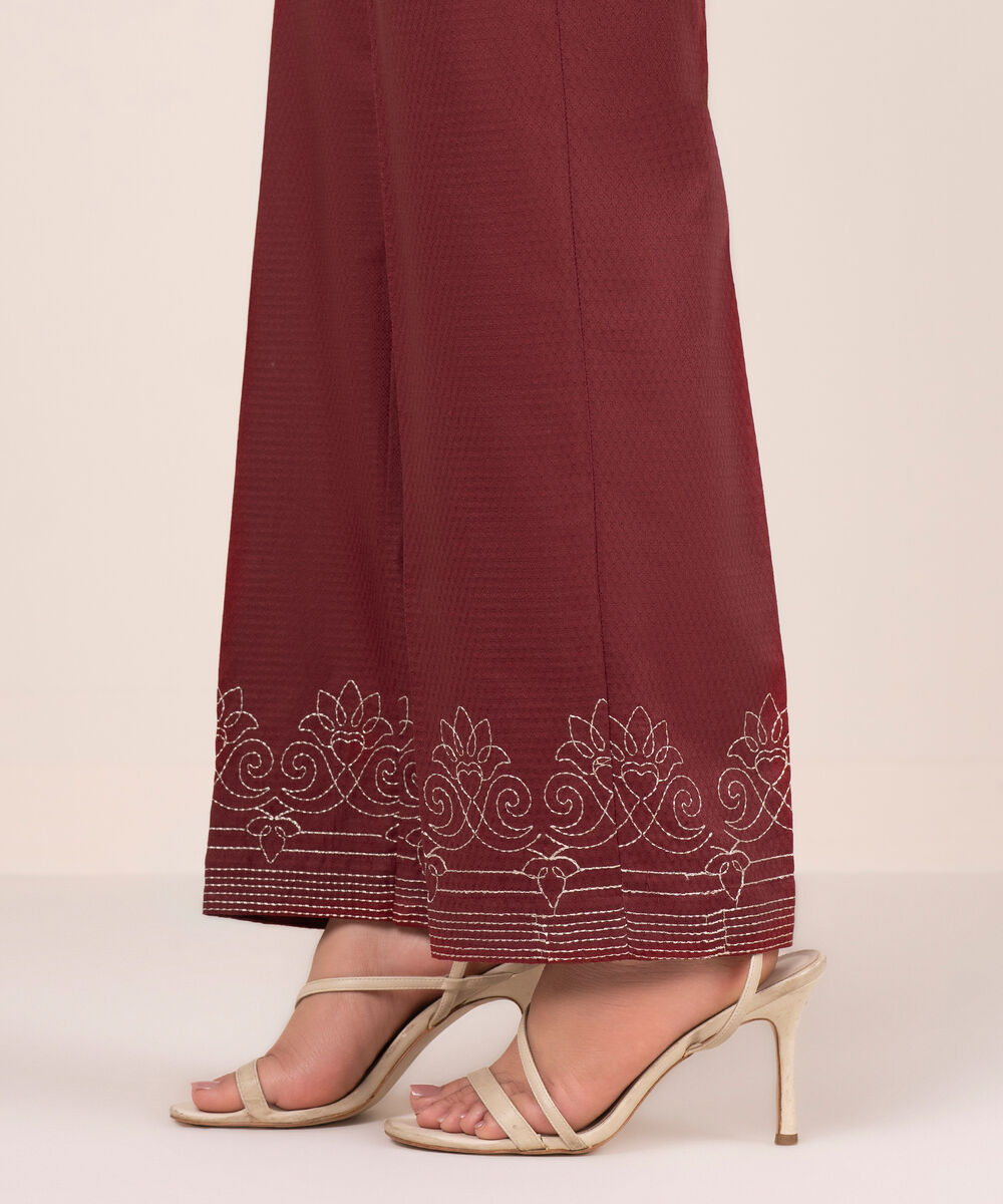 Women's RTW Dobby Embroidered Red Straight Pants