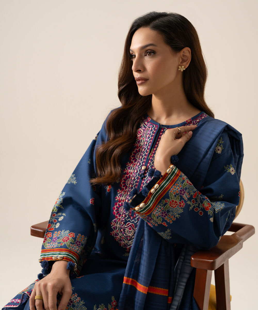 Women's Unstitched Light Khaddar Printed Blue 3 Piece Suit