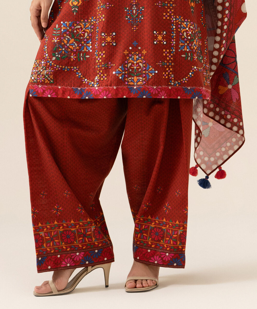 Women's Unstitched Light Khaddar Embroidered Red 3 Piece Suit