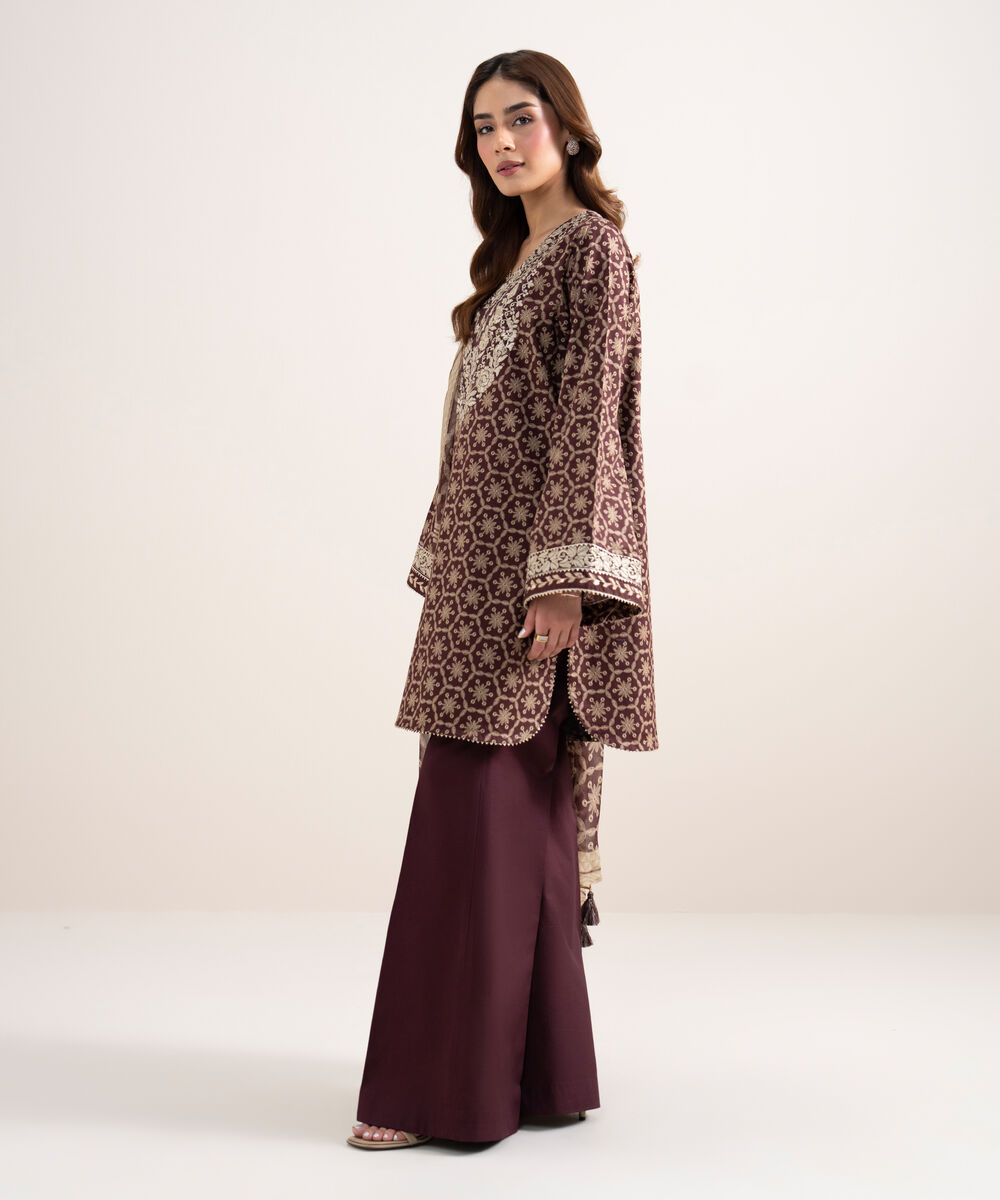 Women's Unstitched Lawn Embroidered Brown 3 Piece Suit