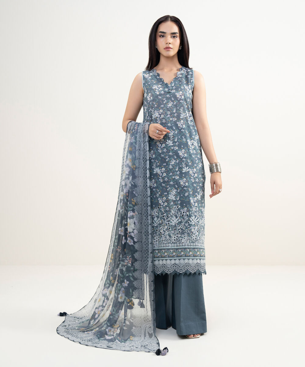 Women's Unstitched Lawn Embroidered Grey 3 Piece Suit