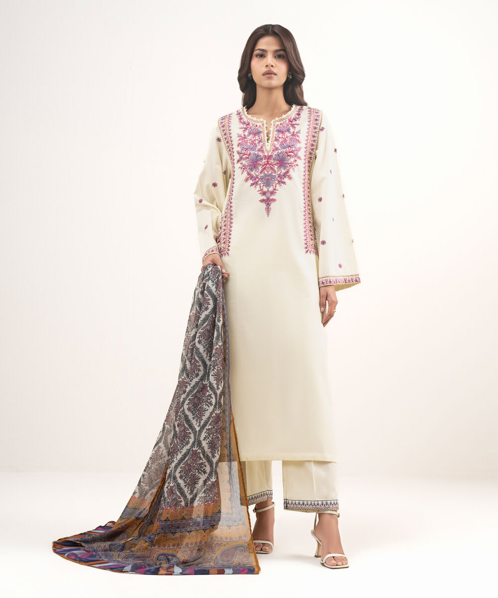 Women's RTW Dobby Embroidered Cream White 3 Piece Suit