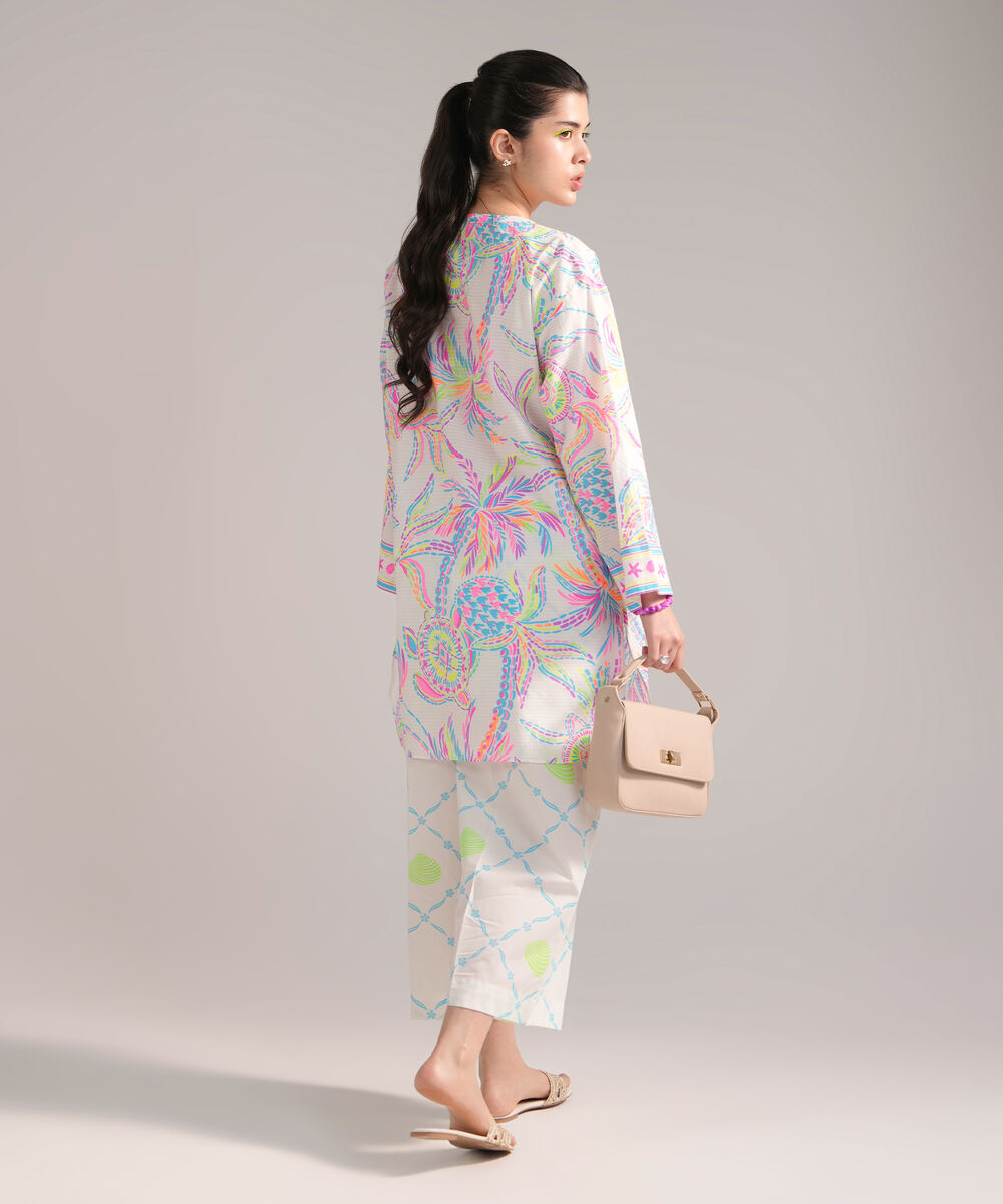 Women's RTW Dobby Printed White 2 Piece Suit