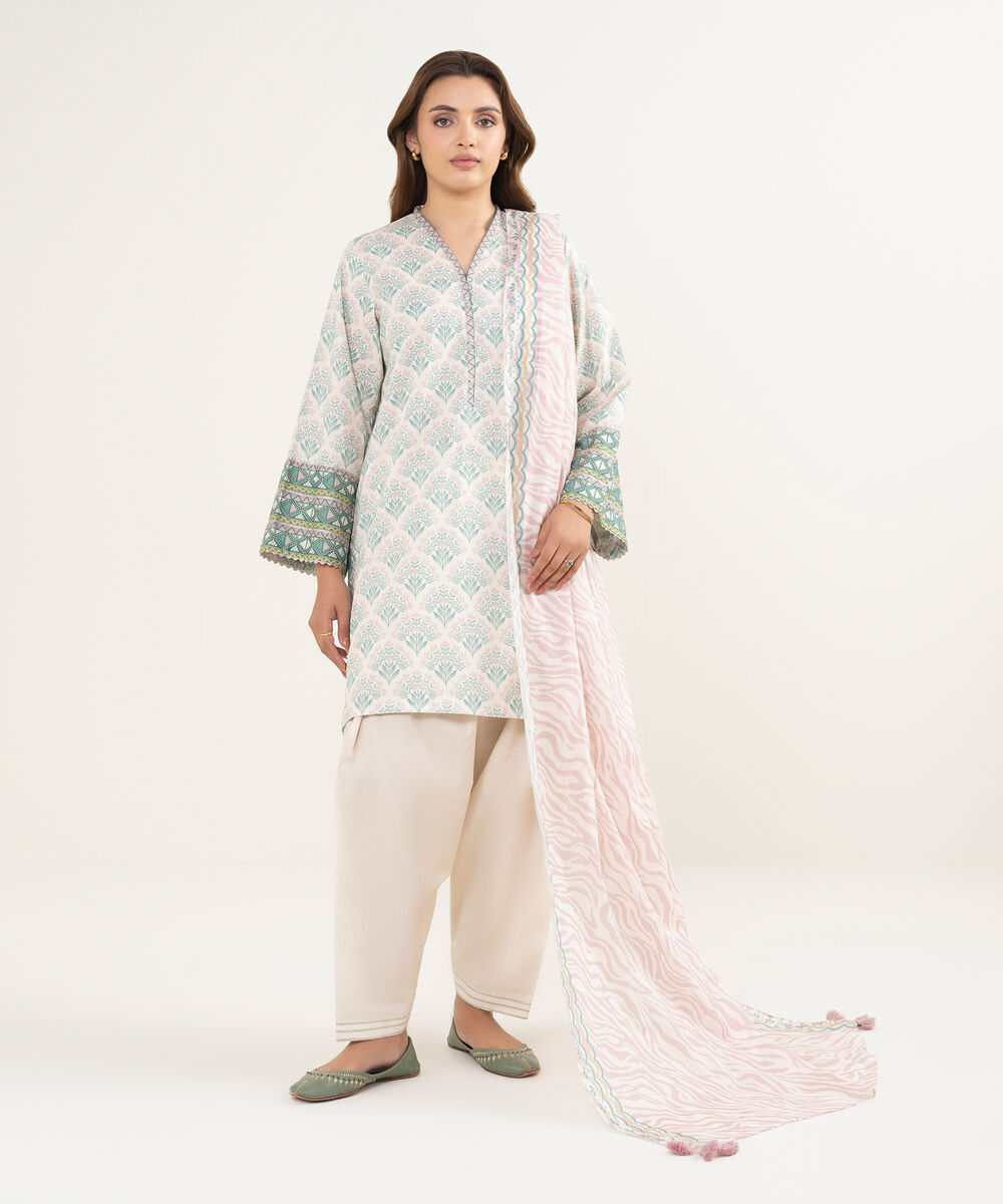 Women's Unstitched Lawn Printed Off White 3 Piece Suit