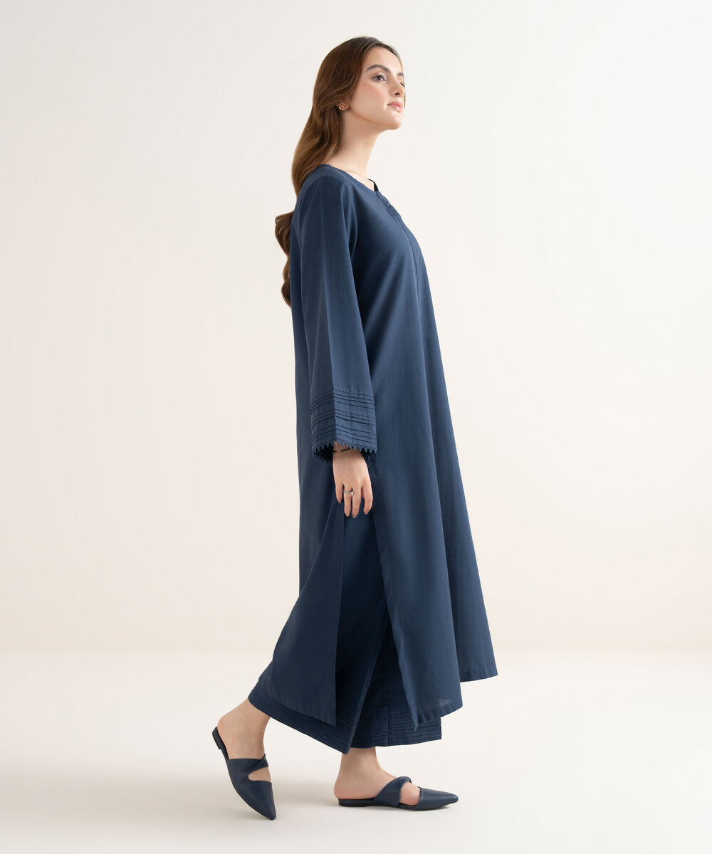 Women's RTW Khaddar Solid A-Line Blue Shirt