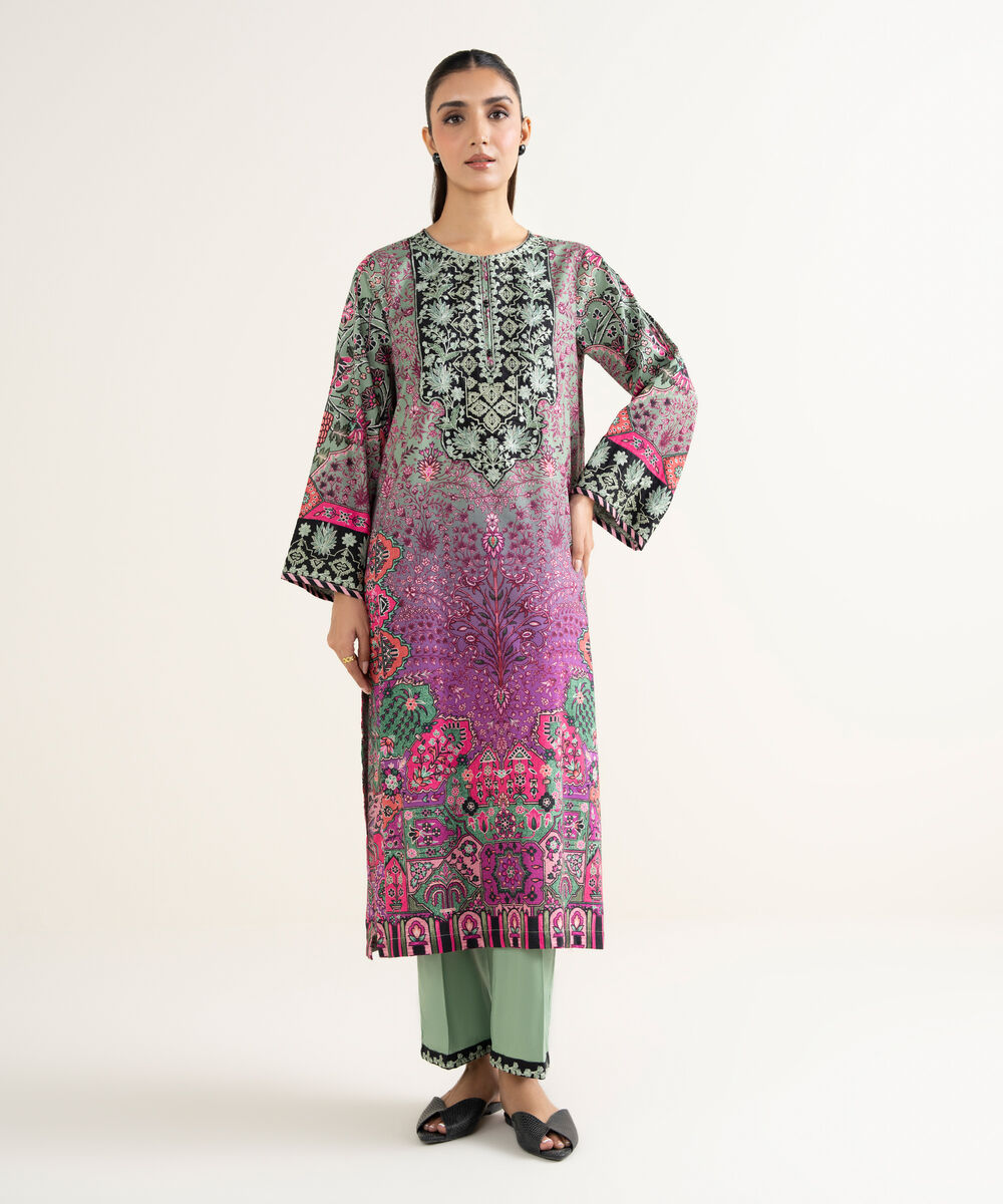 Women's RTW Linen Viscose Embroidered Green A-Line Shirt