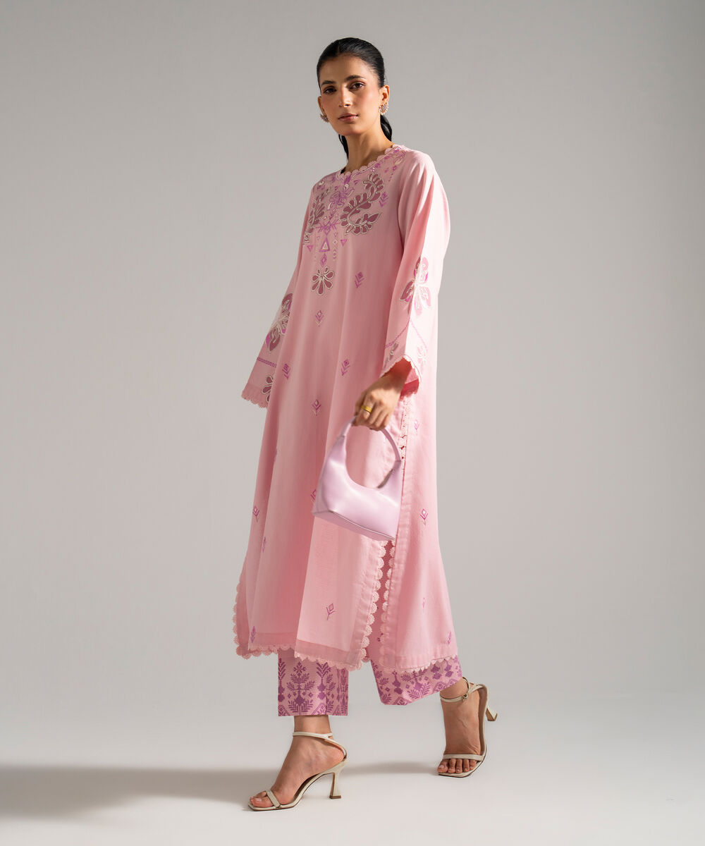 Women's RTW Dobby Embroidered Pink 2 Piece Suit