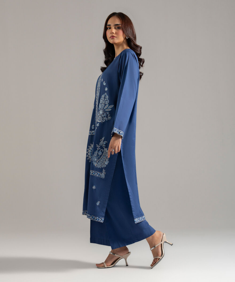 Women's RTW Lawn Solid Embroidered Dark Blue Straight Shirt