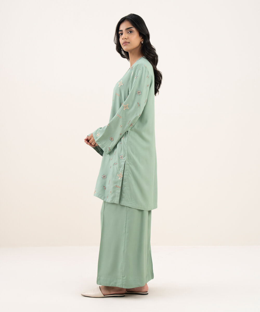 Women's RTW Khaddar Embroidered Straight Blue Shirt
