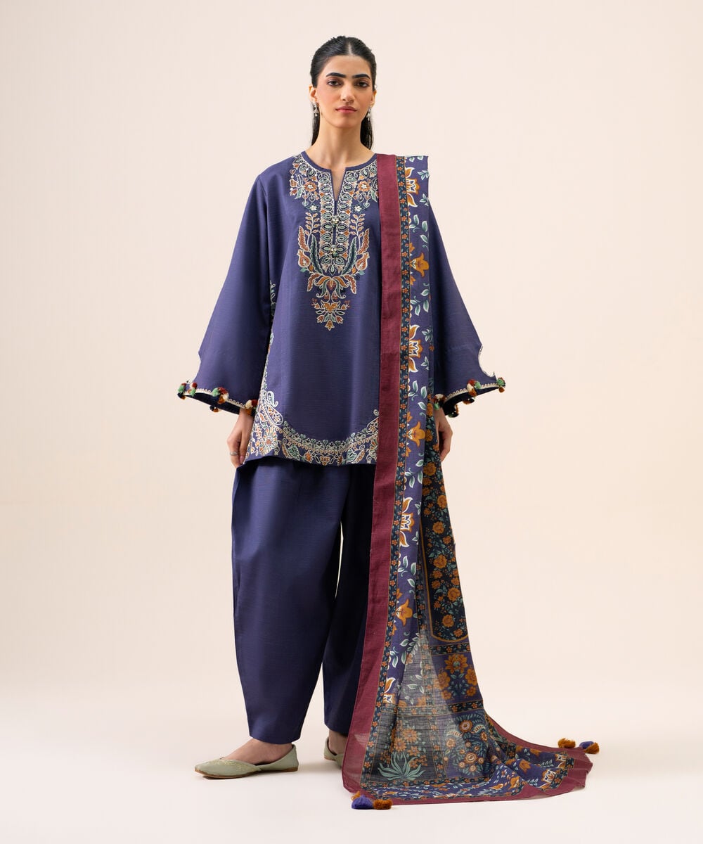 Women's Unstitched Light Khaddar Embroidered Blue 3 Piece Suit