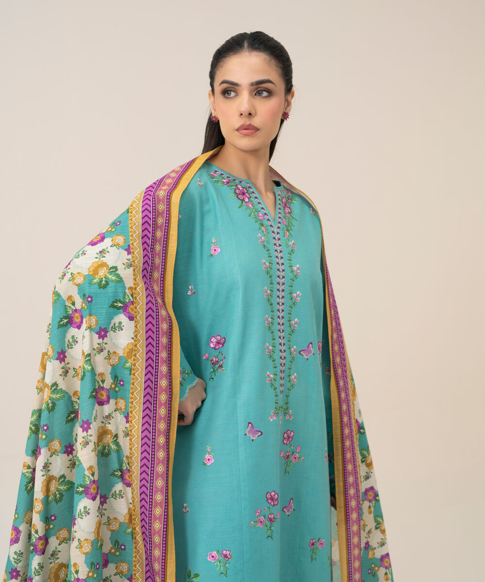Women's Unstitched Basic Khaddar Embroidered Turquoise 3 Piece Suit
