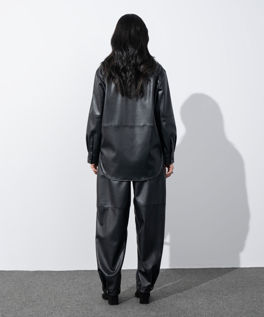 Women's Western Wear Black Loose-Fit Faux Leather Shirt