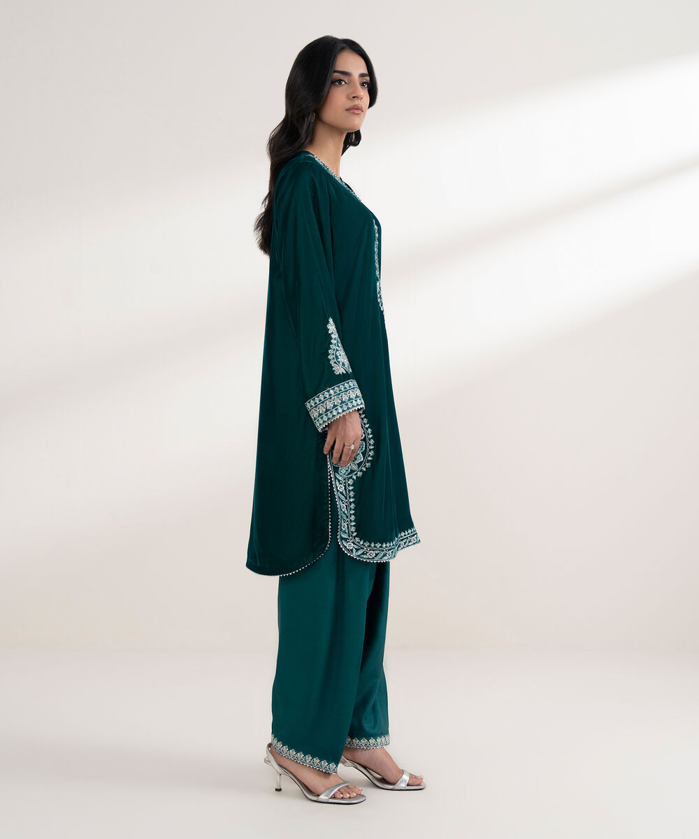 Women's RTW Velvet Embroidered Navy Blue Straight 2 Piece Suit