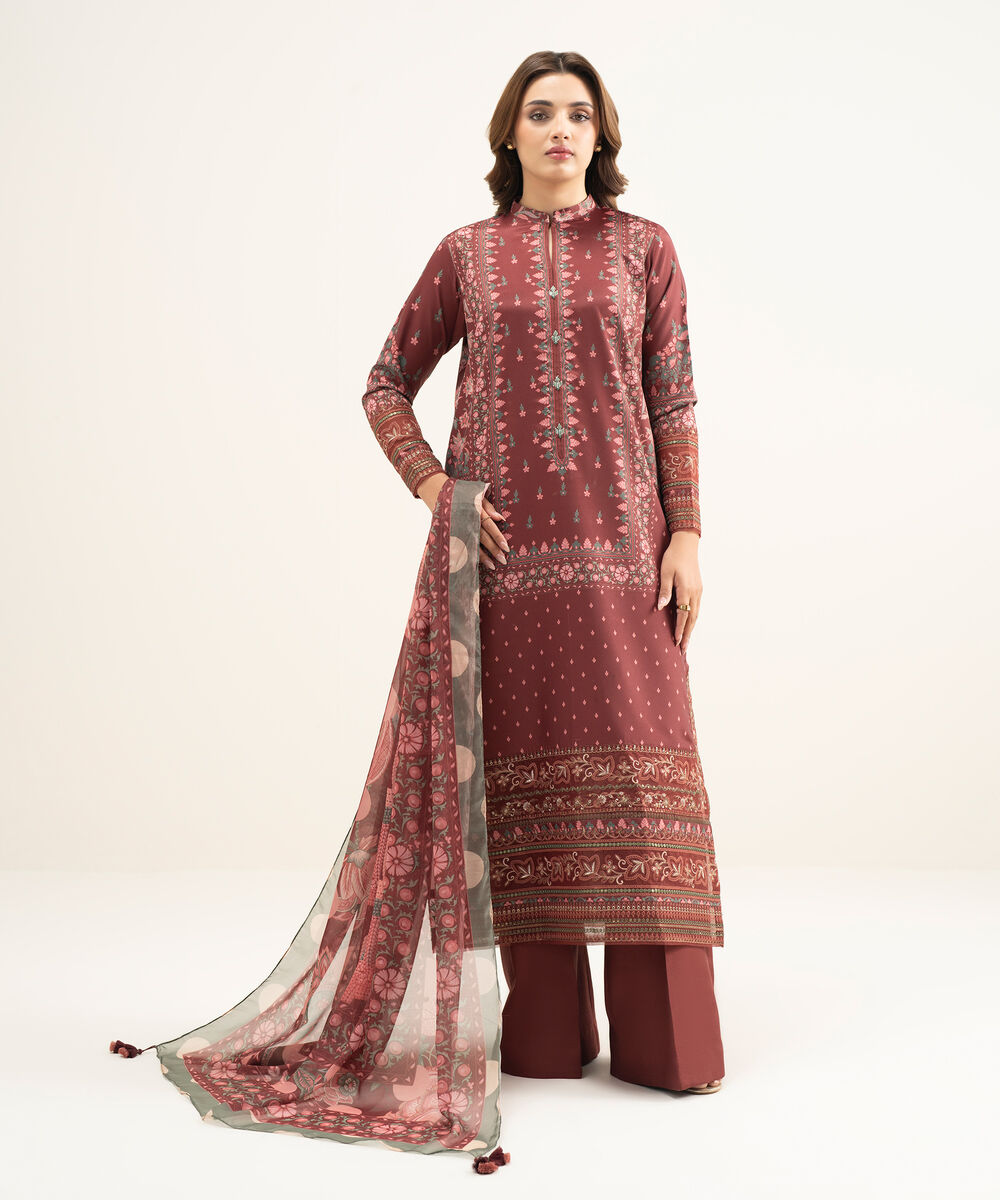 Women's Unstitched Blended Grip Silk Red Embroidered 3 Piece Suit