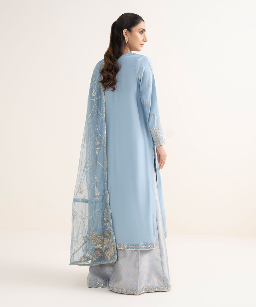 Women's RTW Raw Silk Embroidered Blue 3 Piece Suit