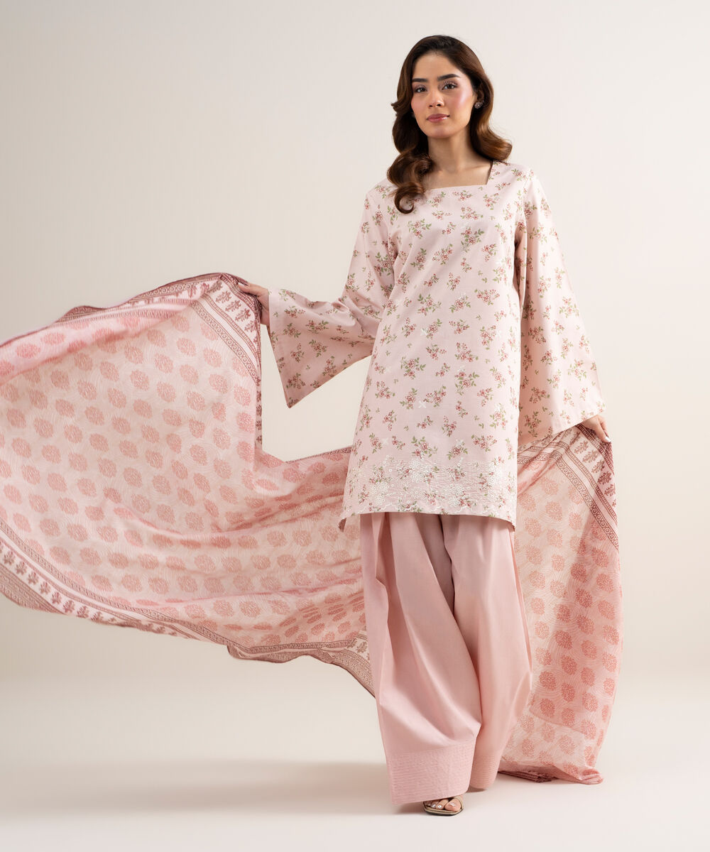Women's Unstitched Zari Lawn Embroidered Tea Pink 3 Piece Suit