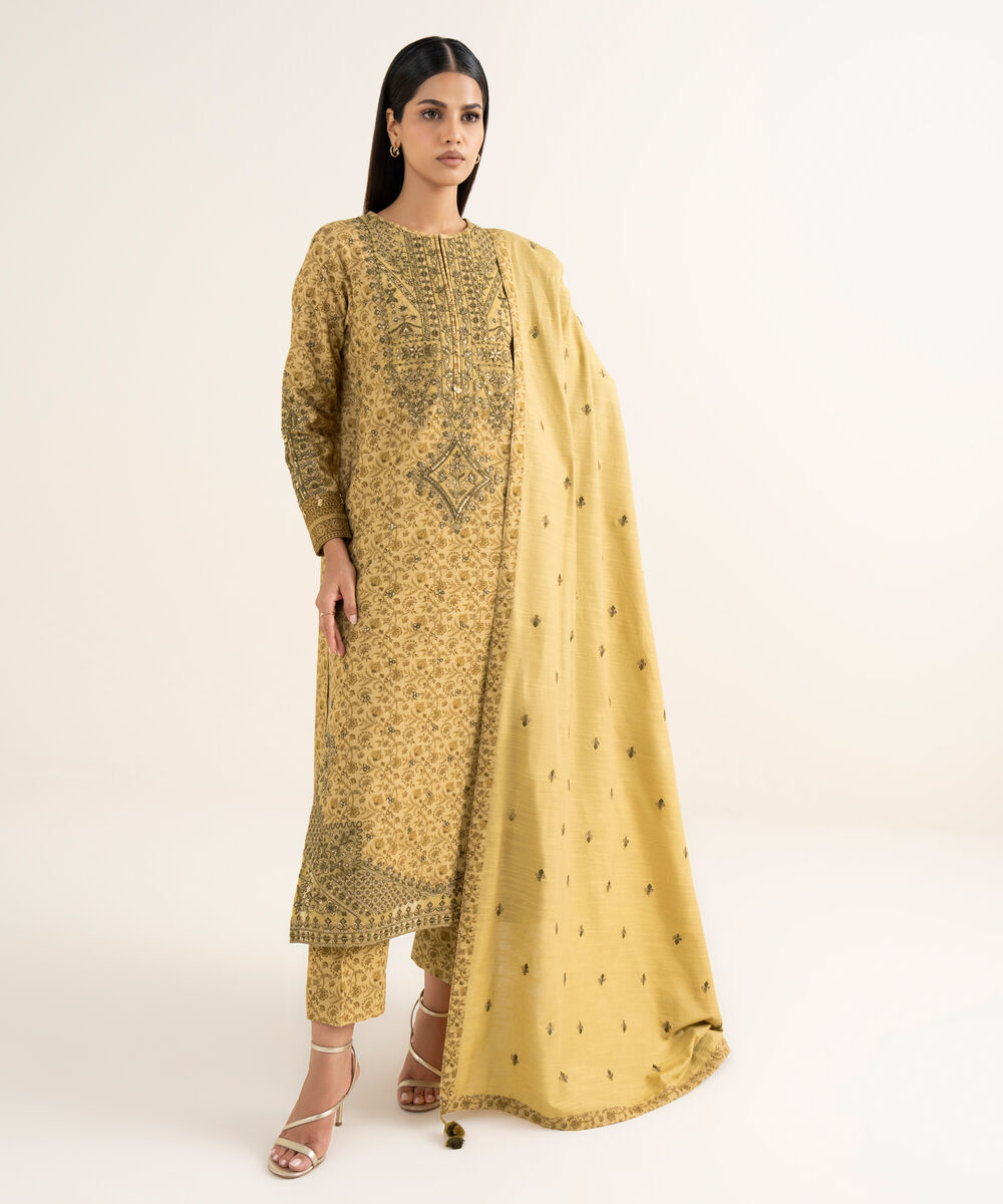 Women's Unstitched Textured Cotton Embroidered Yellow 3 Piece Suit