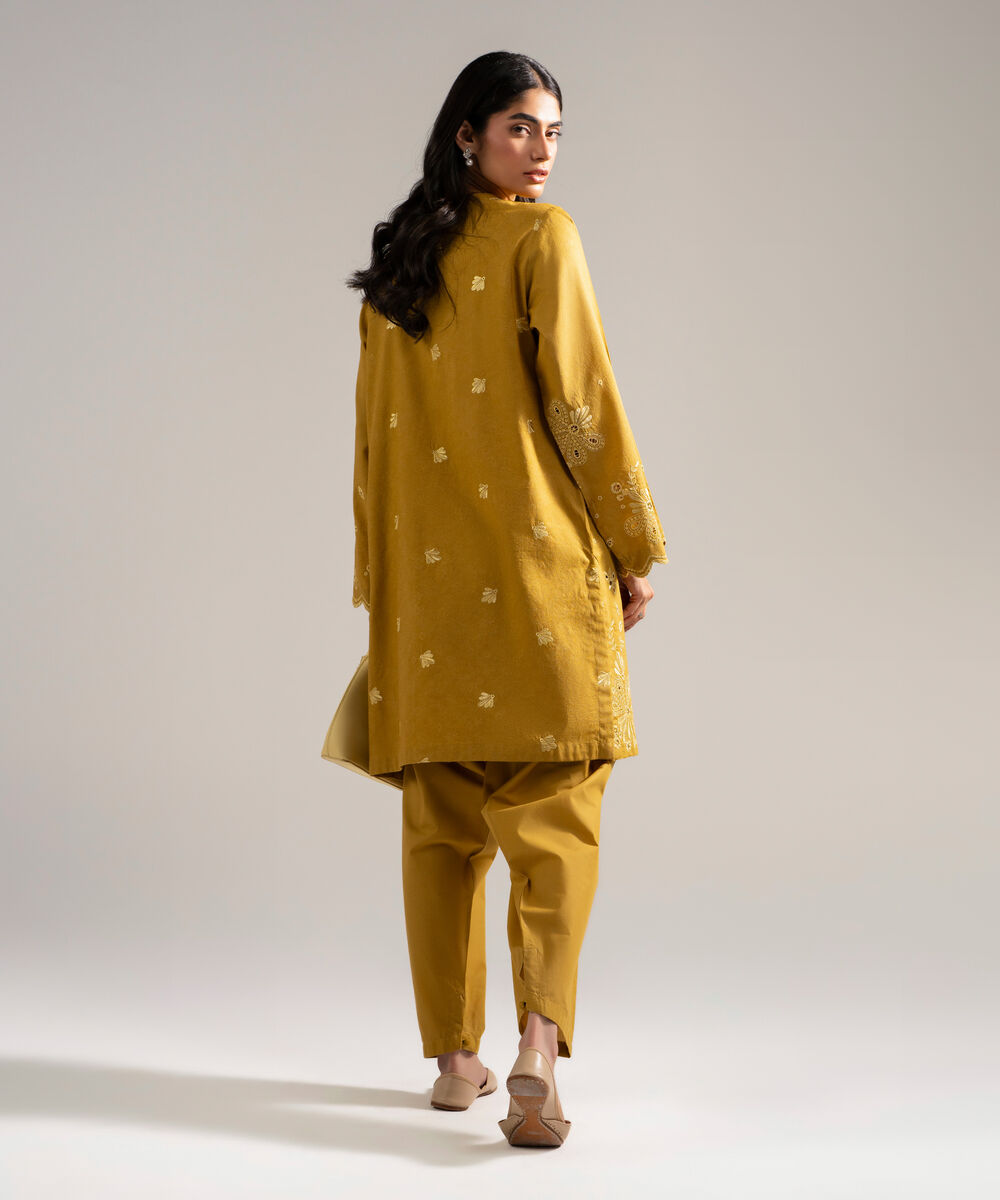 Women's RTW Self Jacquard Embroidered Yellow 2 Piece Suit