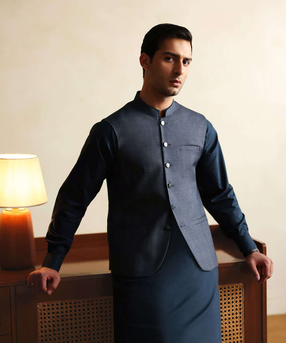 Men's Stitched Premium Suiting Blue Waistcoat