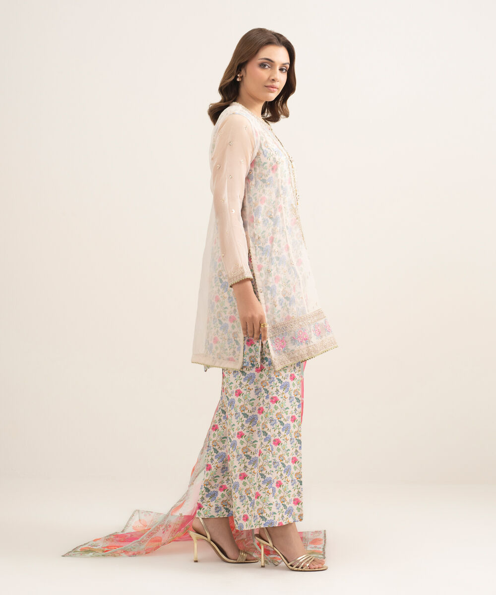 Women's RTW Blended Organza Embroidered Pink 3 Piece Suit