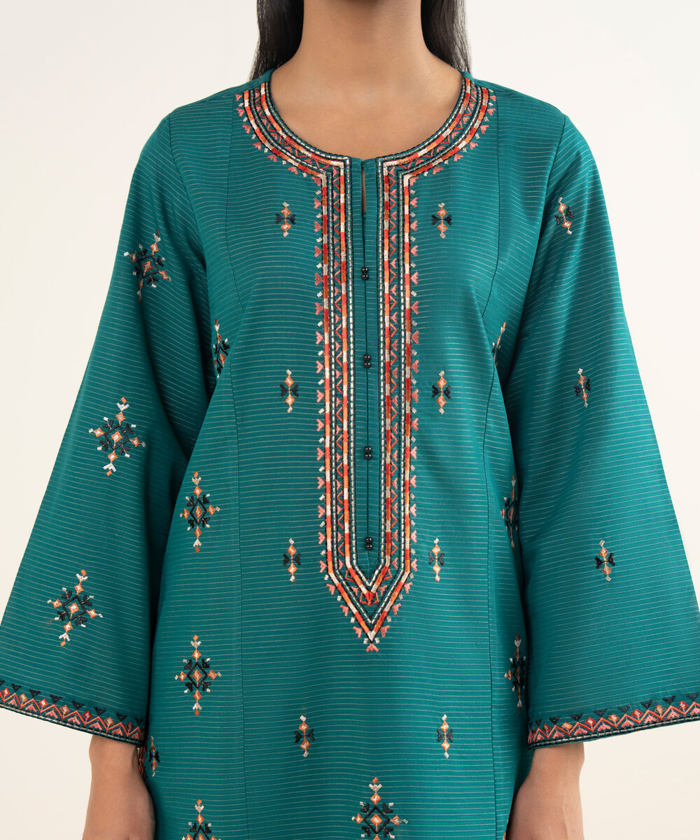 Women's RTW Light Khaddar Embroidered Teal Straight Shirt