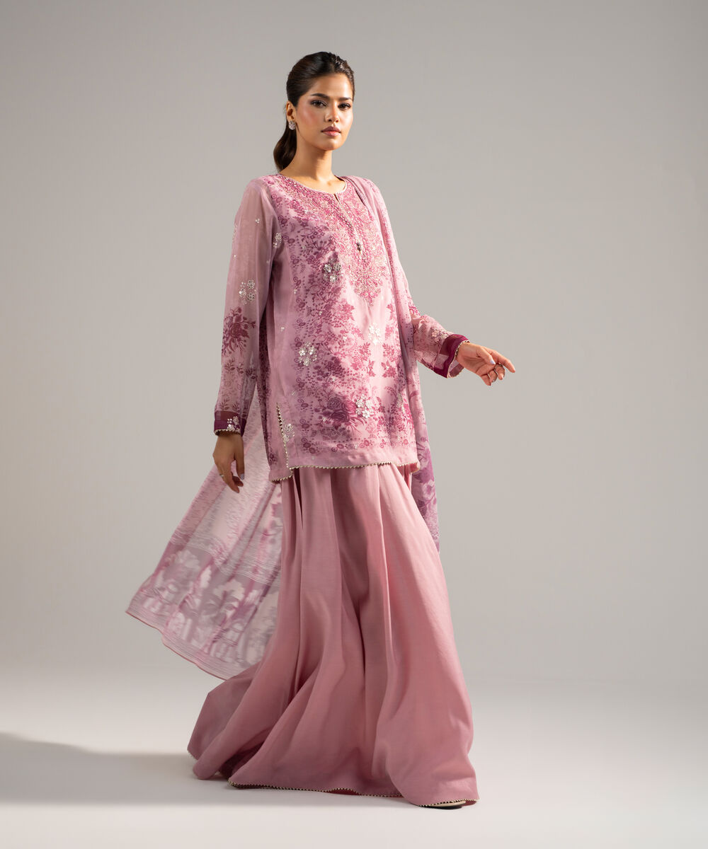 Women's RTW Chiffon Embroidered Pink 3 Piece Suit