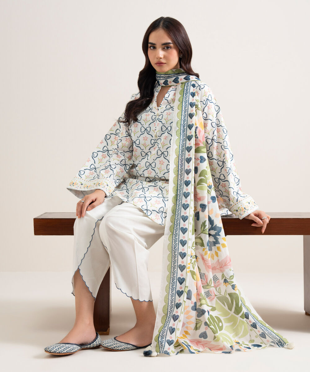Women's Unstitched Lawn Printed Off White & Blue  3 Piece Suit