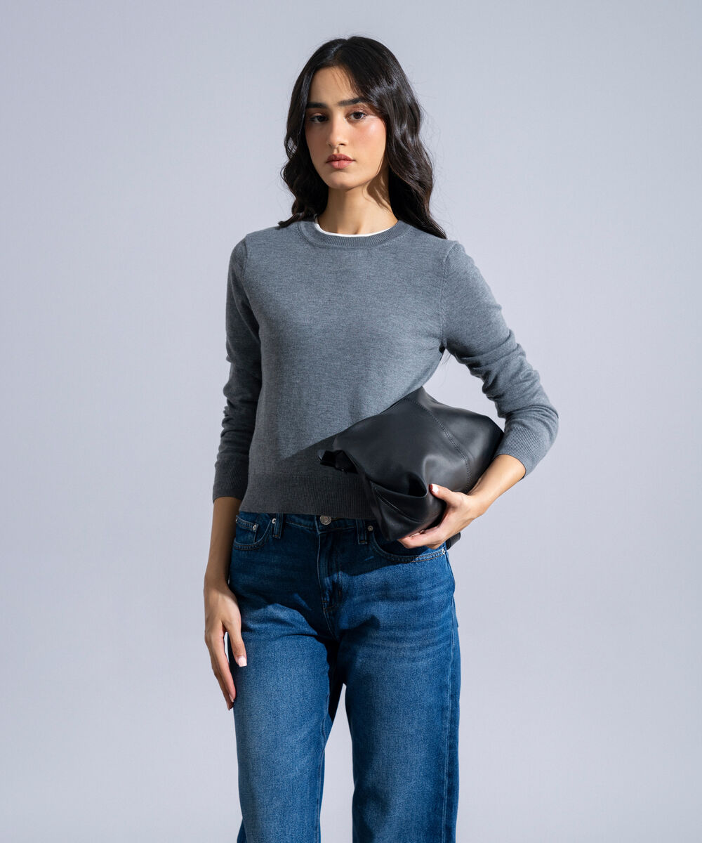 Women's Western Wear Grey Melange Round Neck Knit Sweater