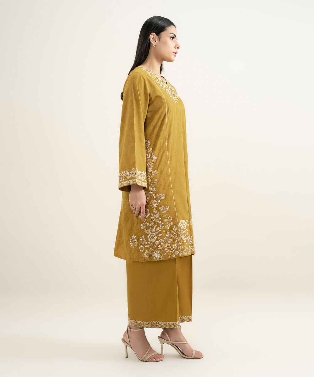 Women's RTW Self Jacquard Embroidered Yellow A-Line Shirt