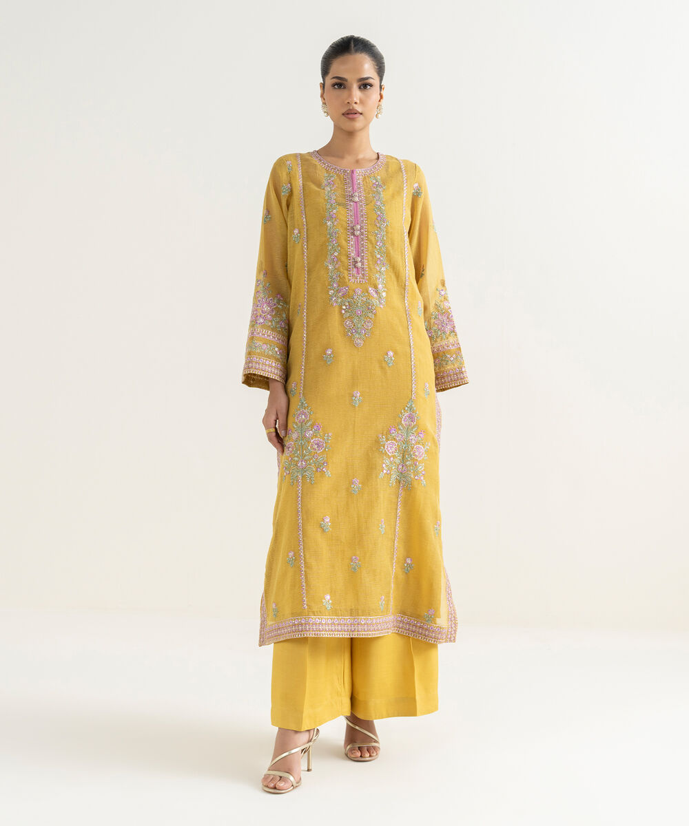 Women's RTW Blended Textured Karandi Embroidered A-Line Yellow Shirt