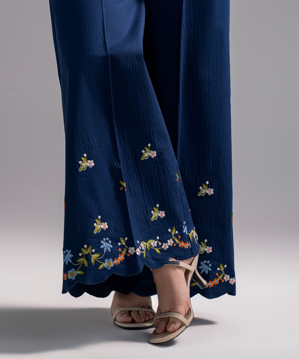 Women's RTW Seersucker Embroidered Dark Blue Flared Pants