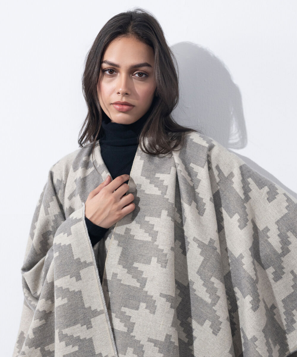 Women's Western Wear Off White & Grey Houndstooth Cape Shawl