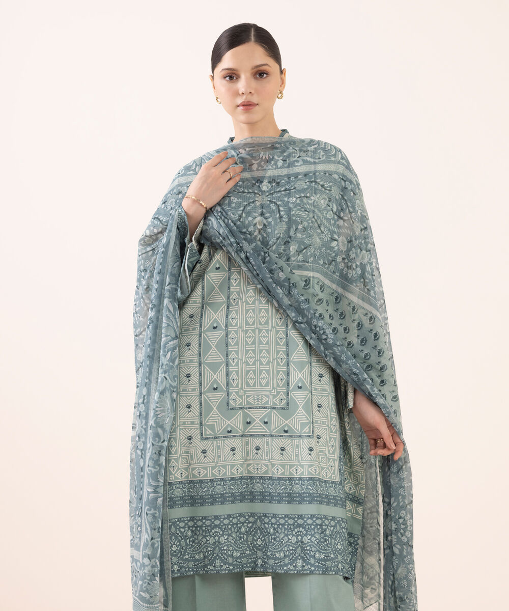 Women's Unstitched Arabic Lawn Printed Grey 3 Piece Suit