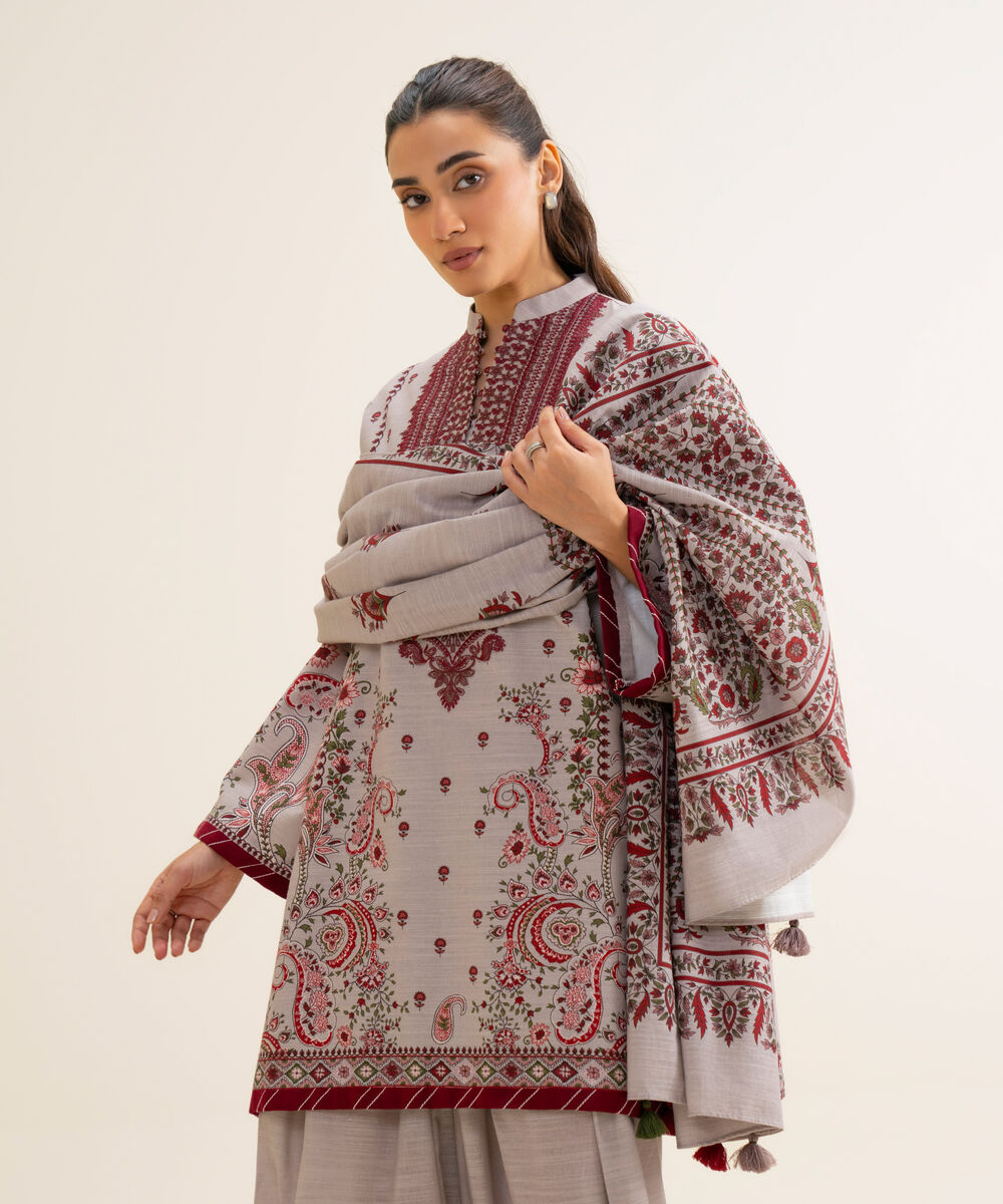 Women's Unstitched Light Khaddar Printed Light Grey 3 Piece Suit