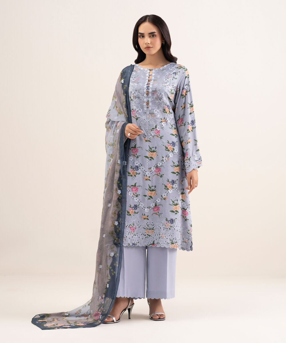Women's Unstitched Viscose Satin Embroidered Grey 3 Piece Suit